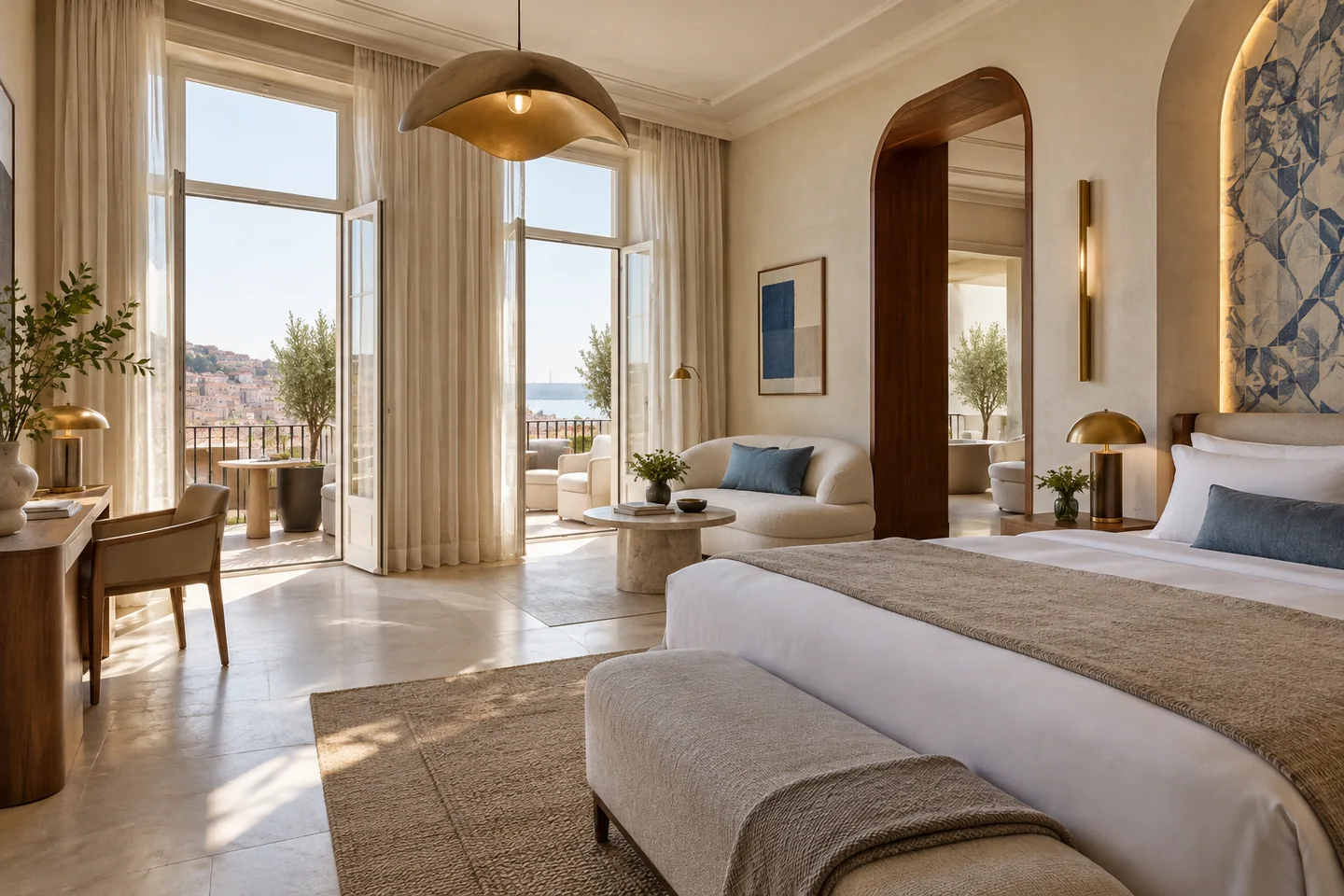 Illustrative Lisbon Deluxe Elevated suite with a terrace and refined Portuguese finishes