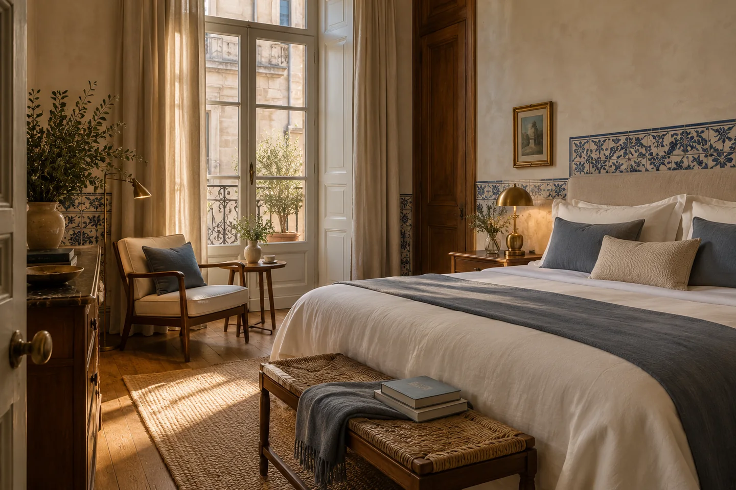 Illustrative Porto Deluxe guest room with warm wood and blue tile accents
