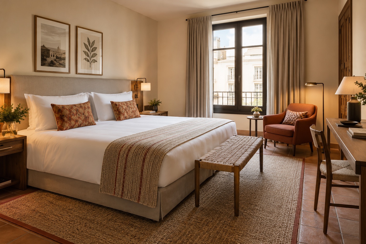 Illustrative well-appointed Deluxe guest room with quality linens, warm wood and a comfortable sitting area