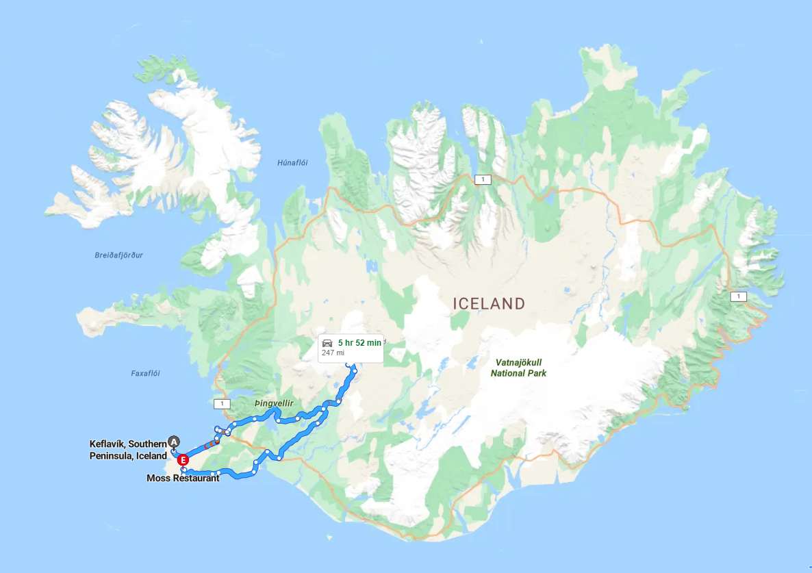 Map of Iceland showing the journey region