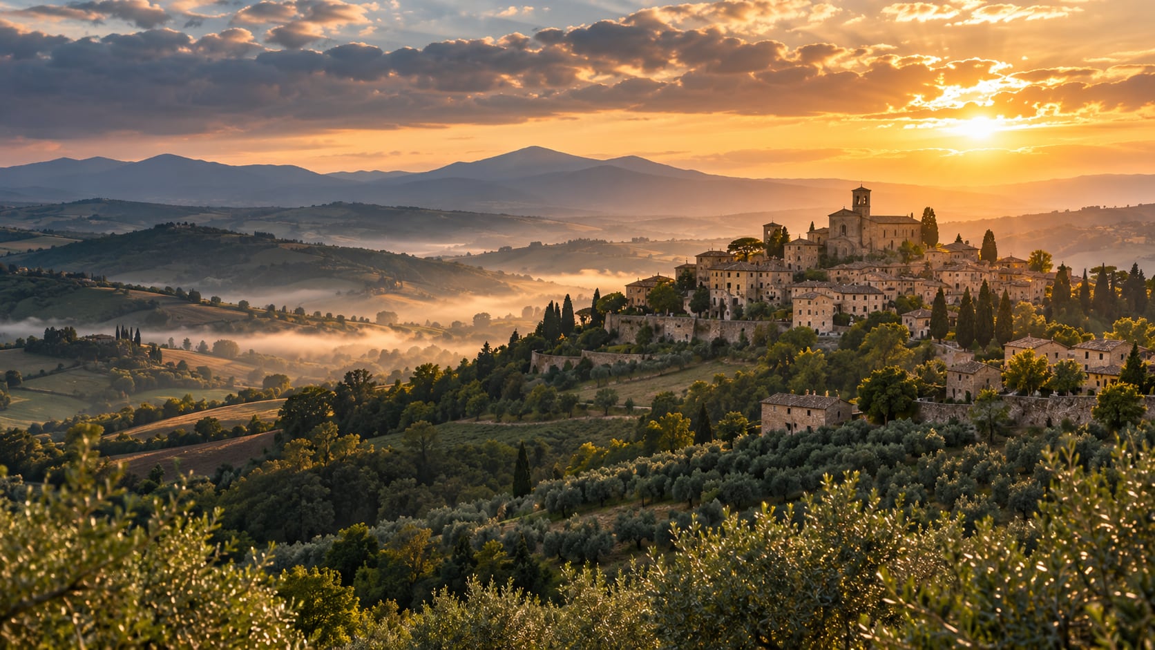Golden sunrise across olive groves and a medieval hill town in central Italy