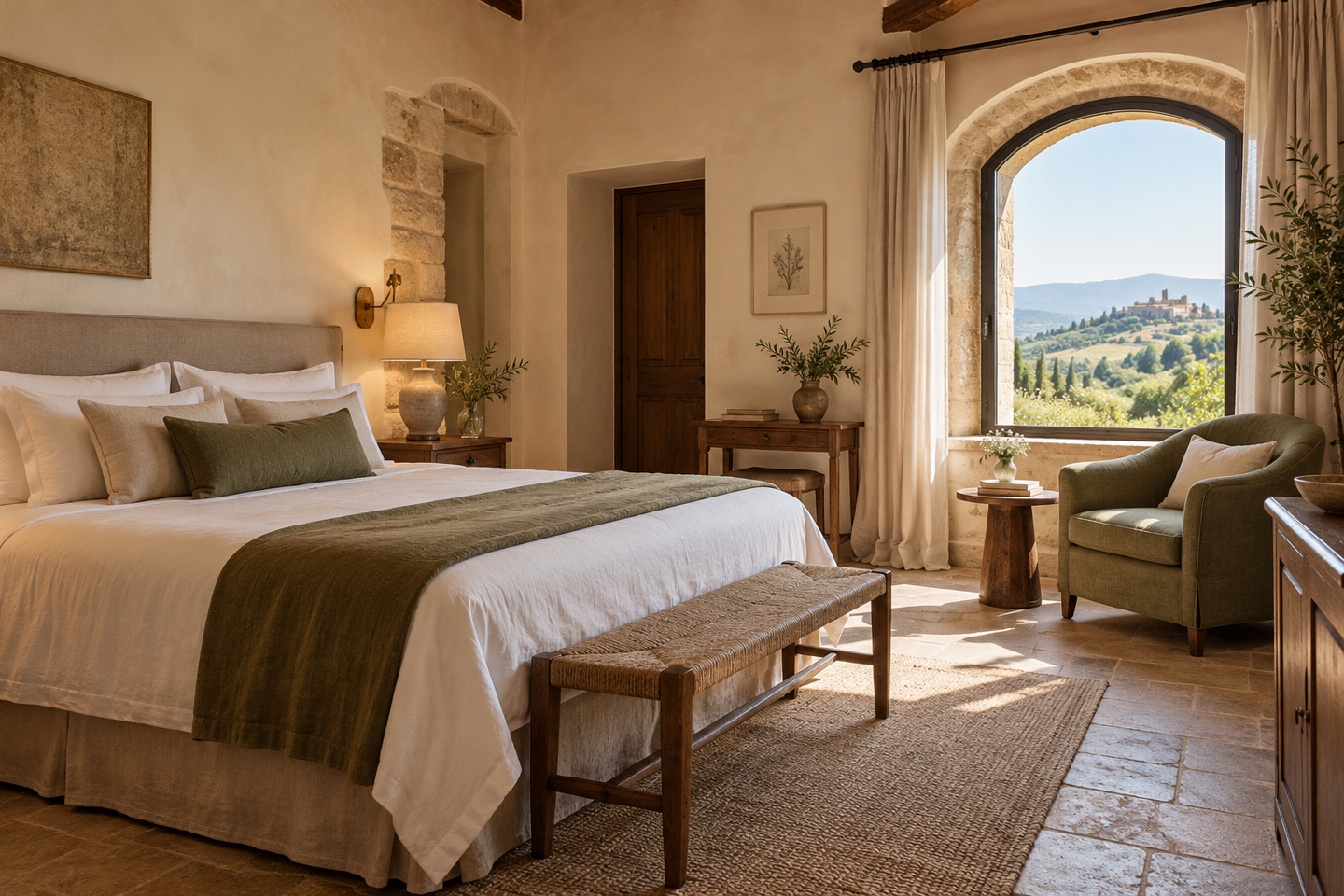Illustrative central Italian Deluxe guest room with warm plaster, natural wood and olive-green accents