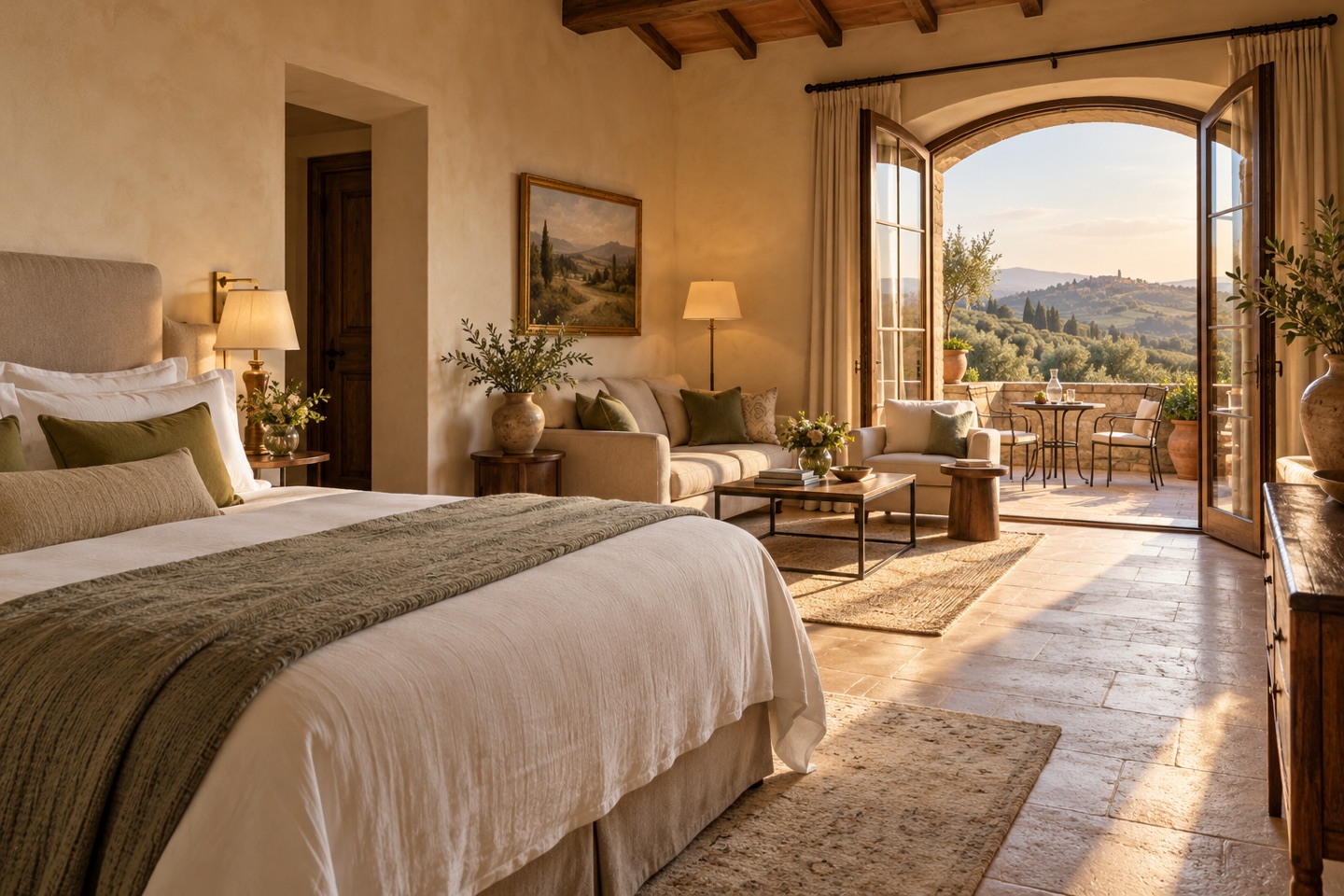 Illustrative central Italian Deluxe Elevated junior suite with sitting area and hill-view terrace