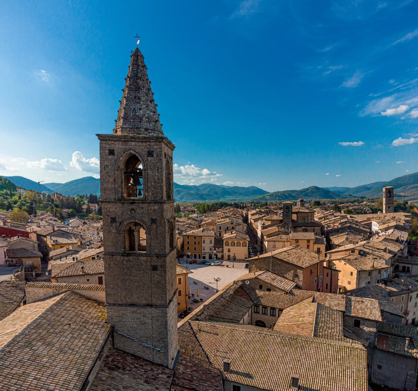 Historic rooftops and hills in Urbino