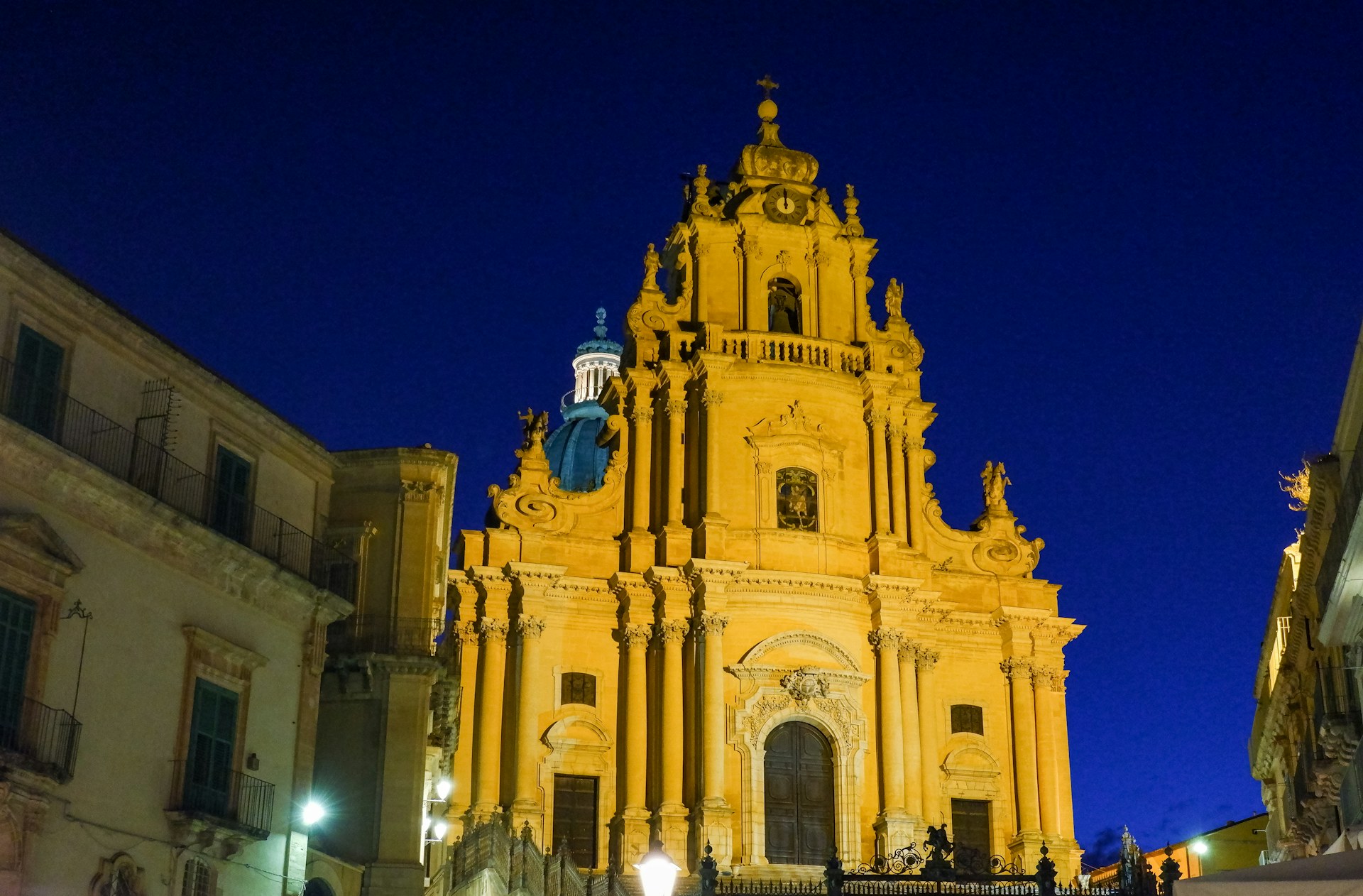 The illuminated Baroque cathedral of San Giorgio in Ragusa Ibla at blue hour