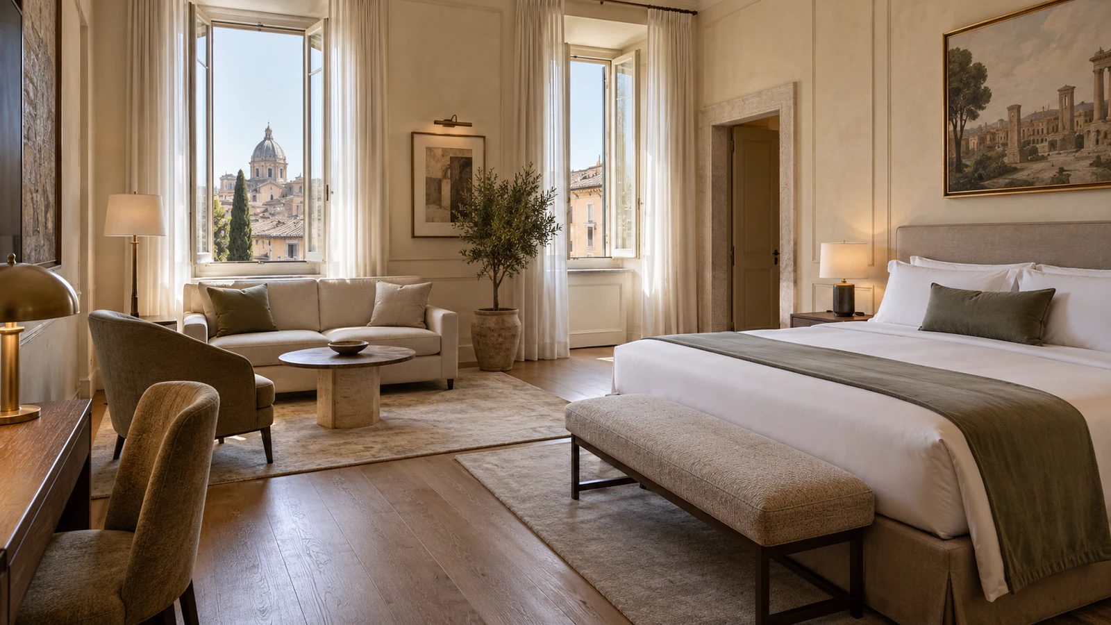 Elegant Italian junior suite with a king bed, spacious sitting area and city views