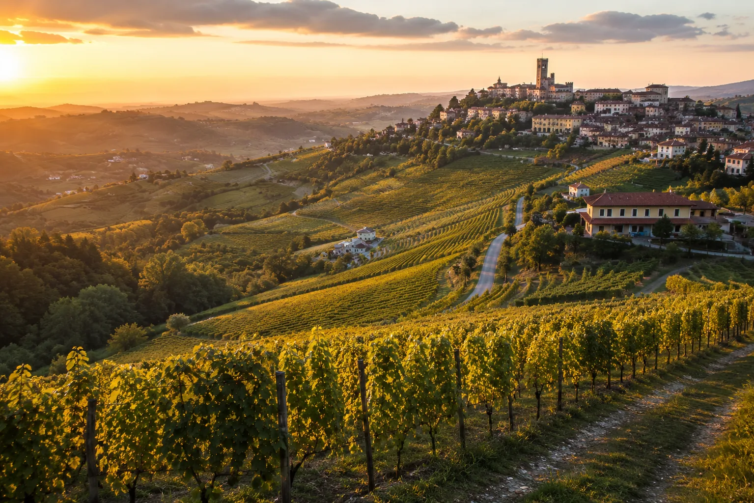 Vineyards and hill town in Northern Italy