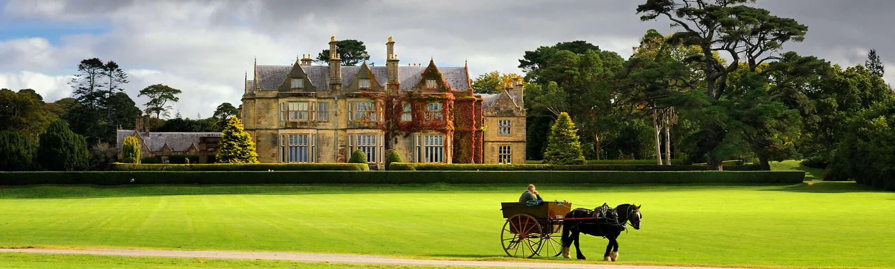 A traditional jaunting cart in front of Muckross House in Killarney