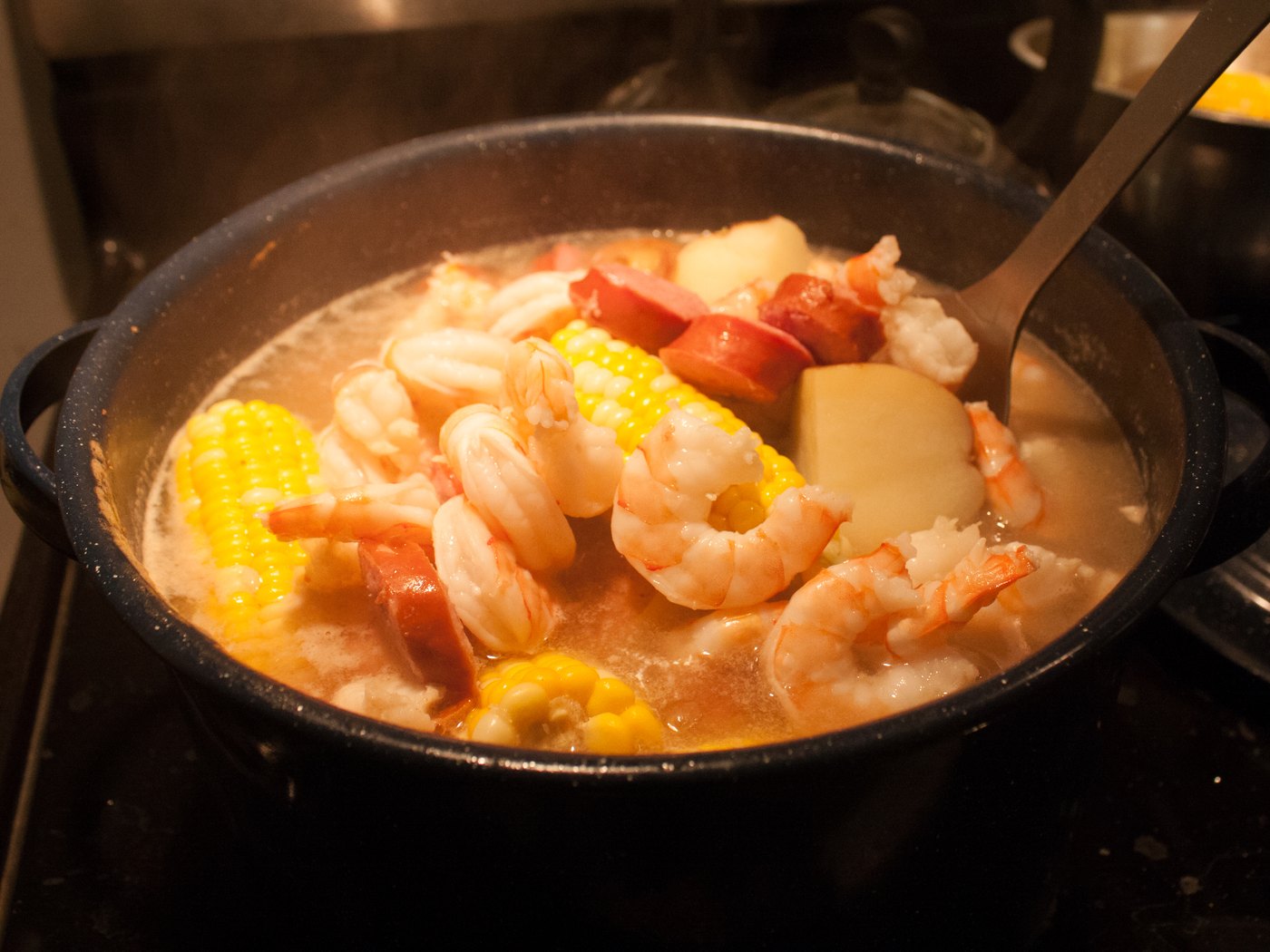 Lowcountry shrimp boil with corn and potatoes