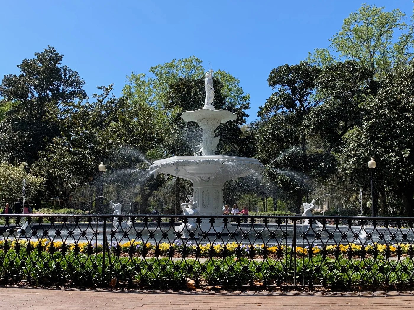 Forsyth Fountain framed by trees in Savannah