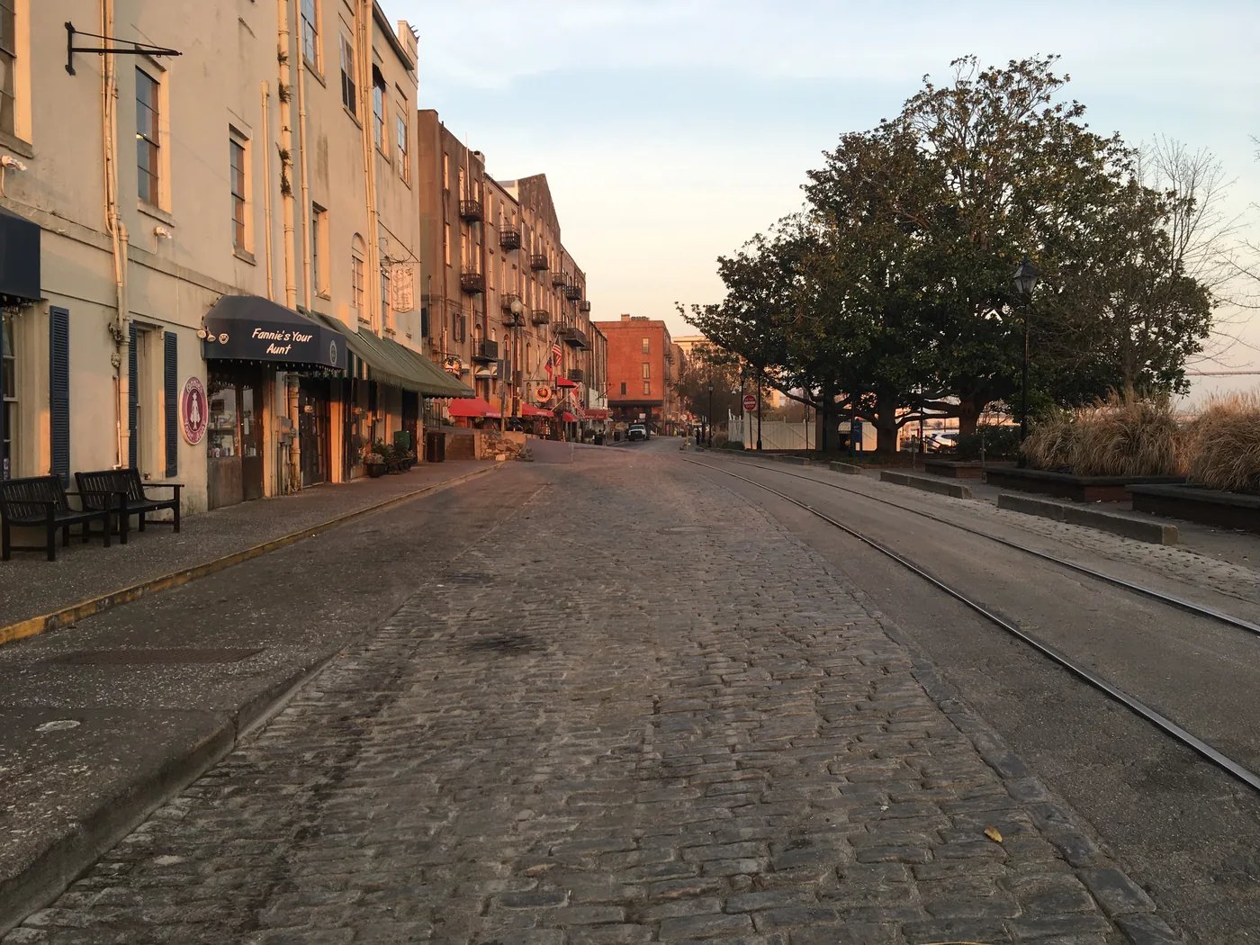 Historic brick buildings along River Street in Savannah