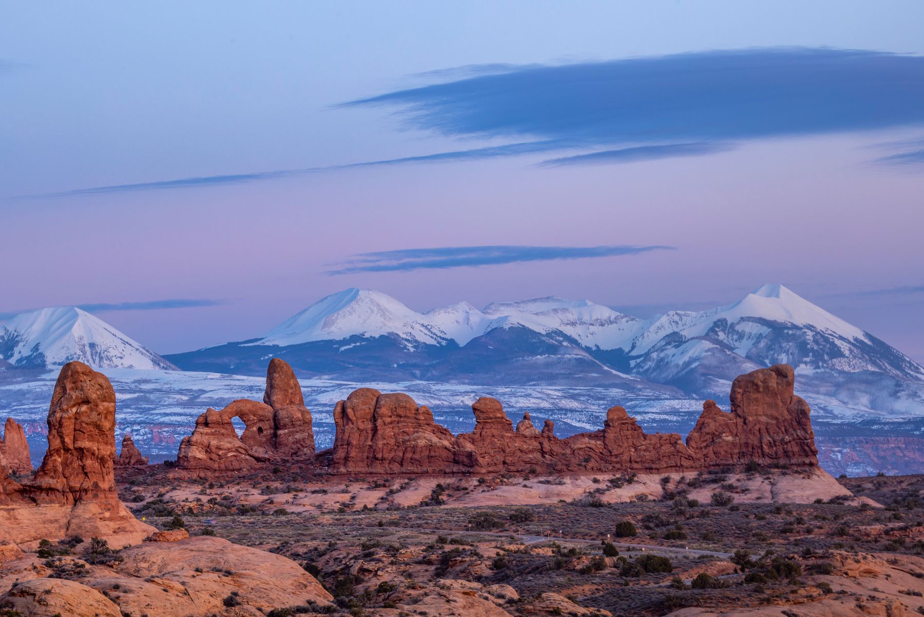 Sandstone formations and the La Sal Mountains near Arches National Park